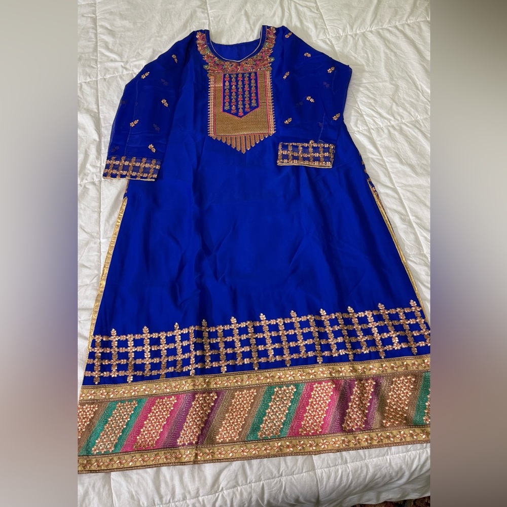 South Asian Royal Blue Embroidered Party Dress for Women